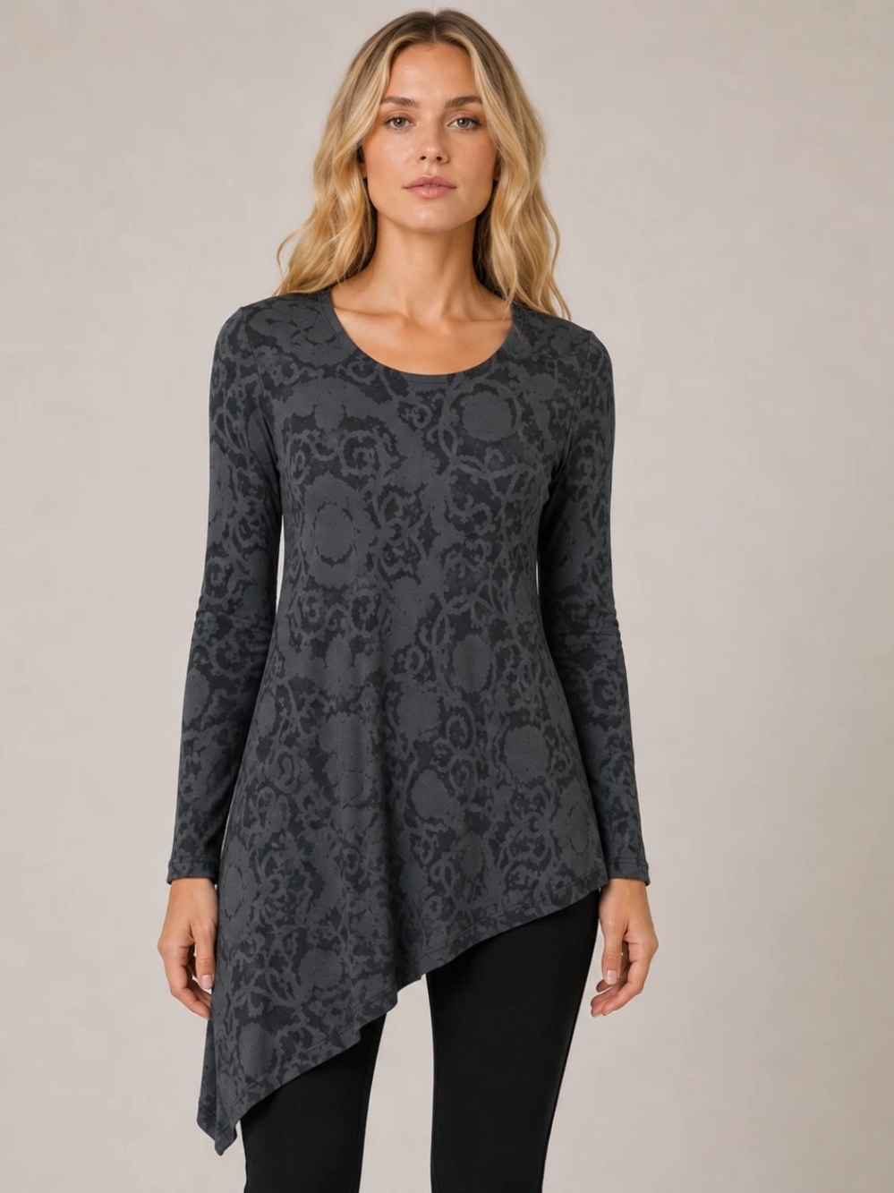 Byrn Walker Floral Damask Gray Dress Asymmetrical Side Hem Tunic Top Lagenlook S